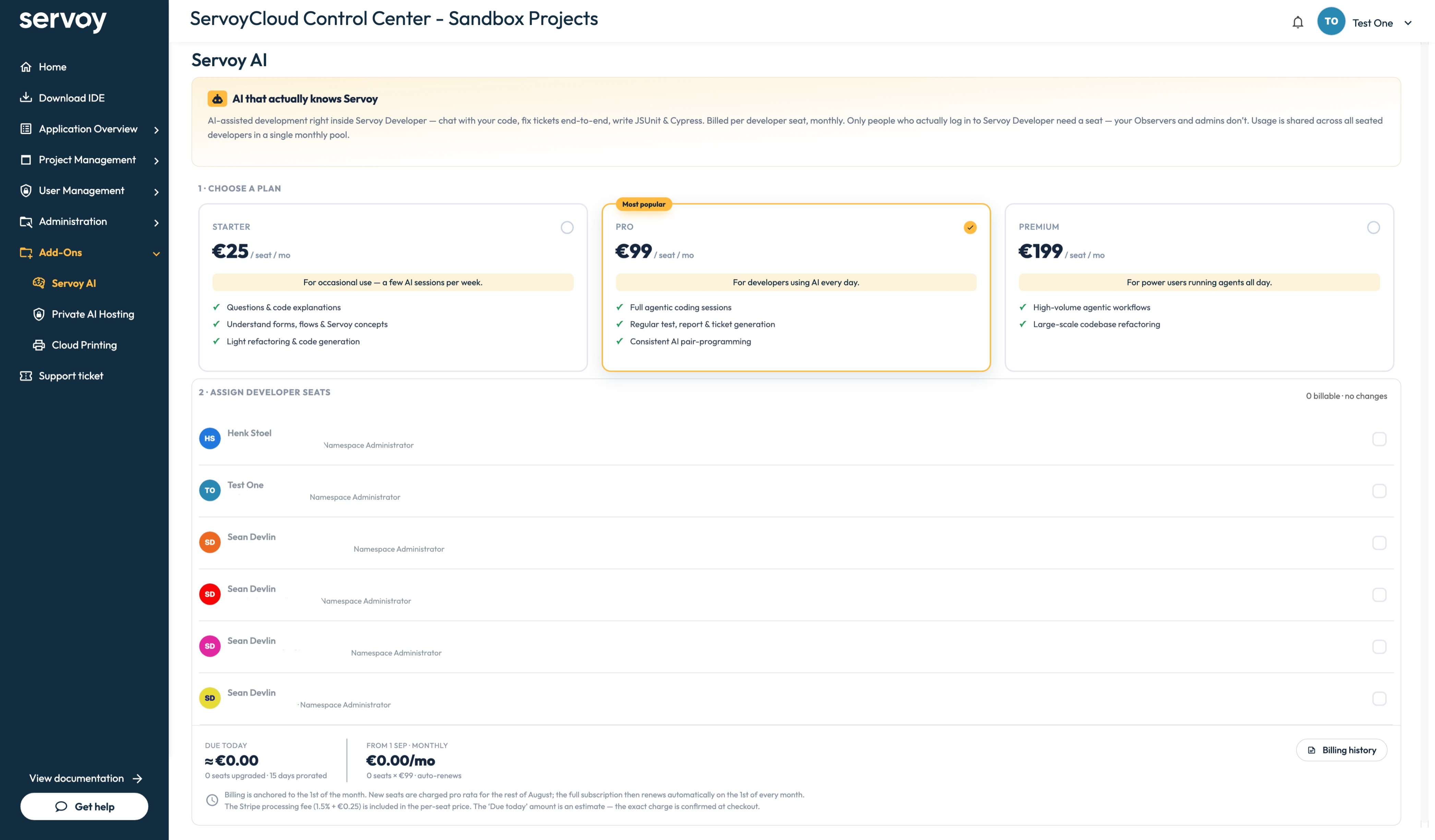 ServoyAI subscription plans showing Starter, Pro, and Premium tiers with developer seat allocation