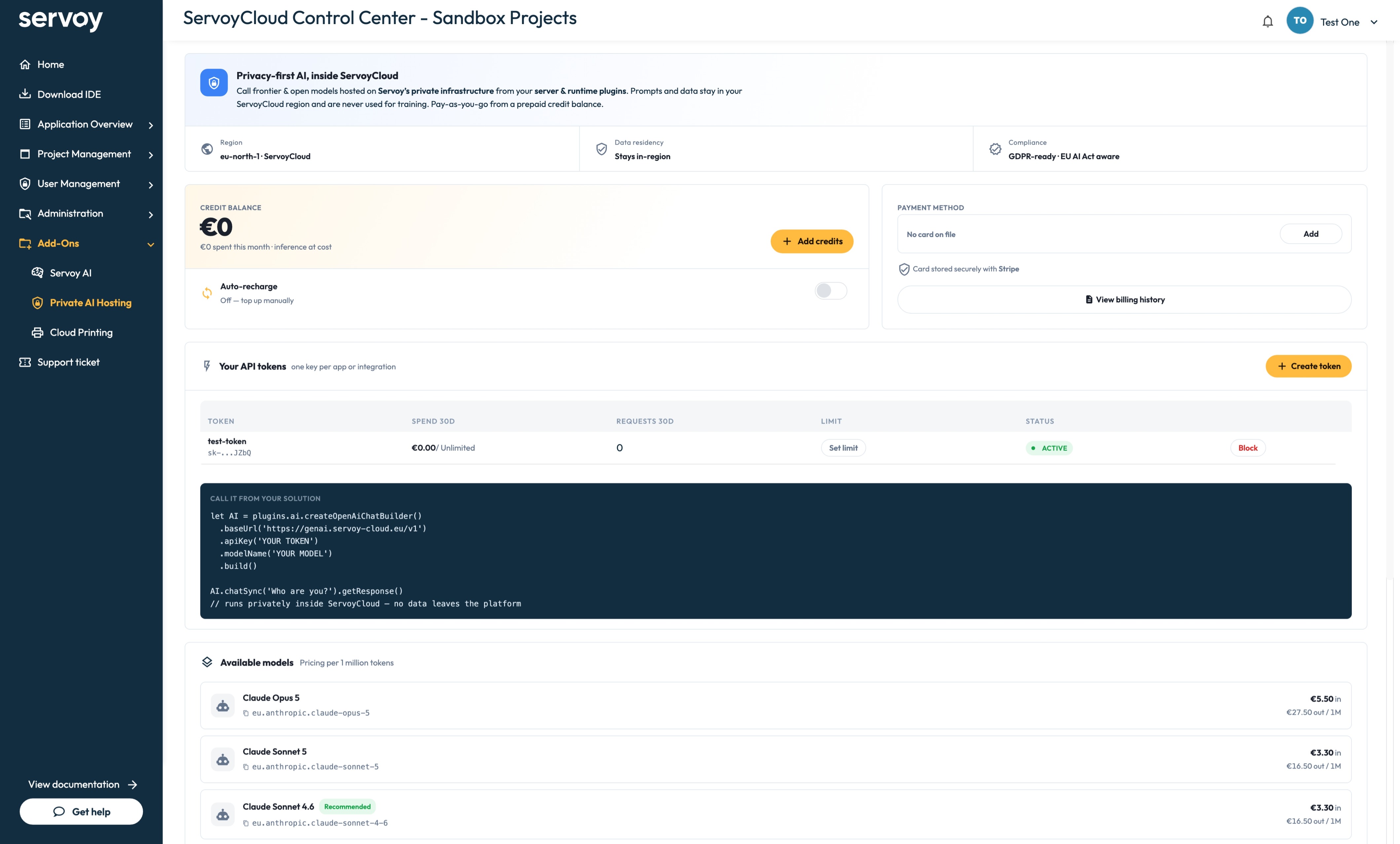 Private AI Hosting dashboard showing credit balance, API tokens, and available models