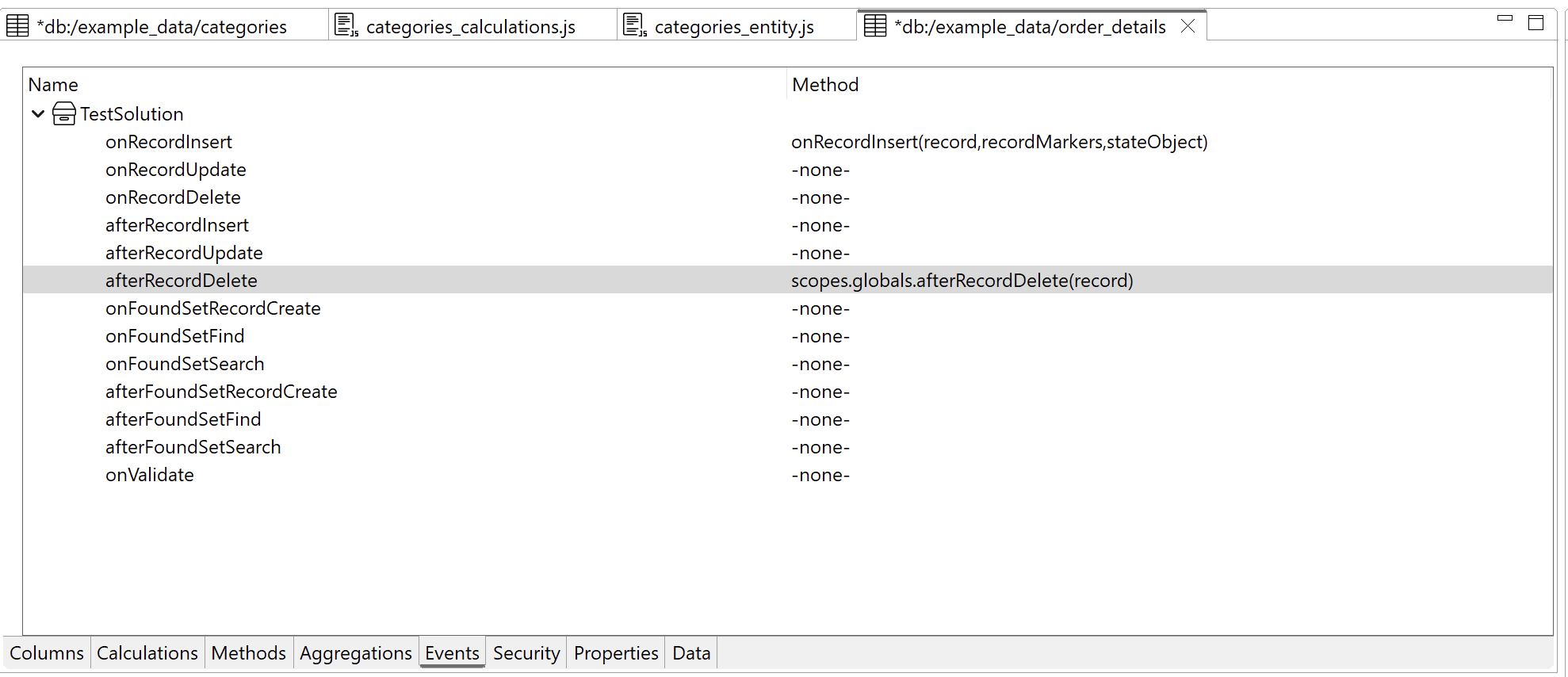 Table editor - events