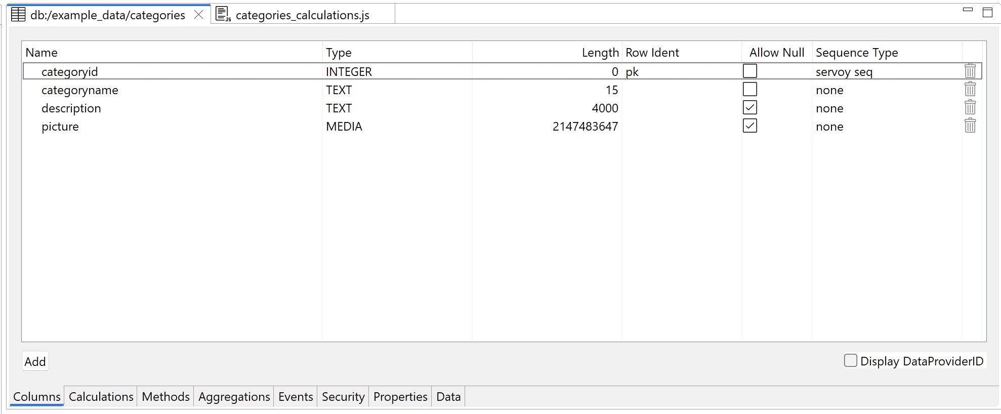 Table editor - columns