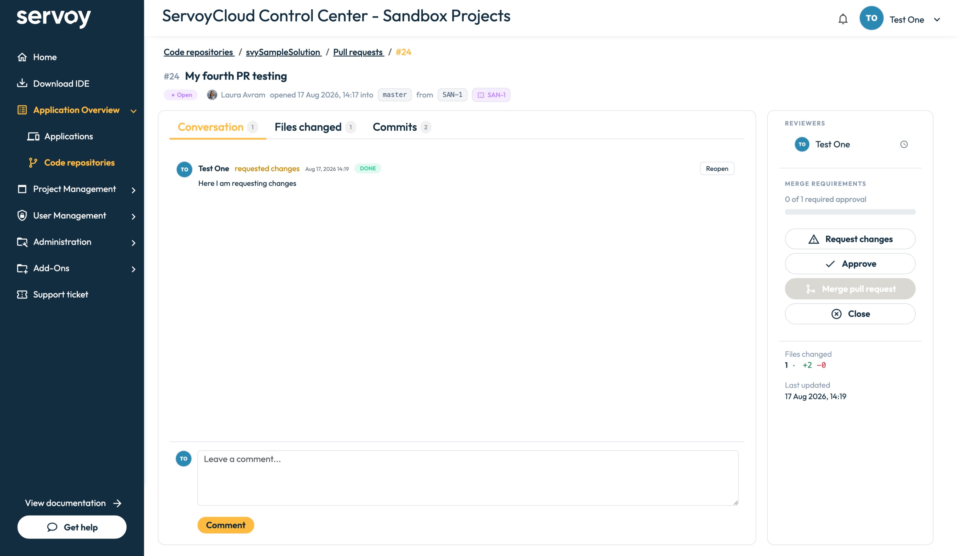 Pull request conversation view showing the review timeline, reviewers, and merge requirements