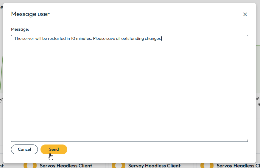 Message User dialog in Cloud Control Center with a text field to send a message to an active session