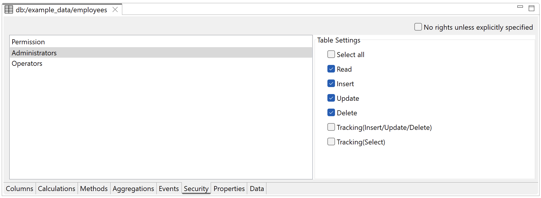 Table editor - Permissions