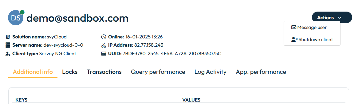 Active User Session detail page in Cloud Control Center showing user info, locks, transactions, query performance, and session actions
