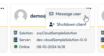 User-level action menu on a session card showing Message User and Shutdown Client options