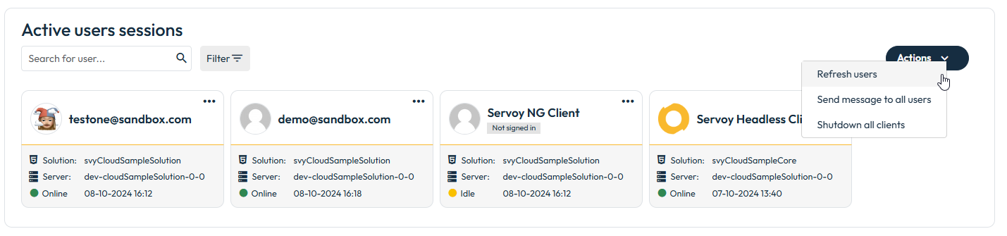 Overview-level Actions menu in Active User Sessions showing Refresh Users, Send message to all users, and Shutdown all clients options